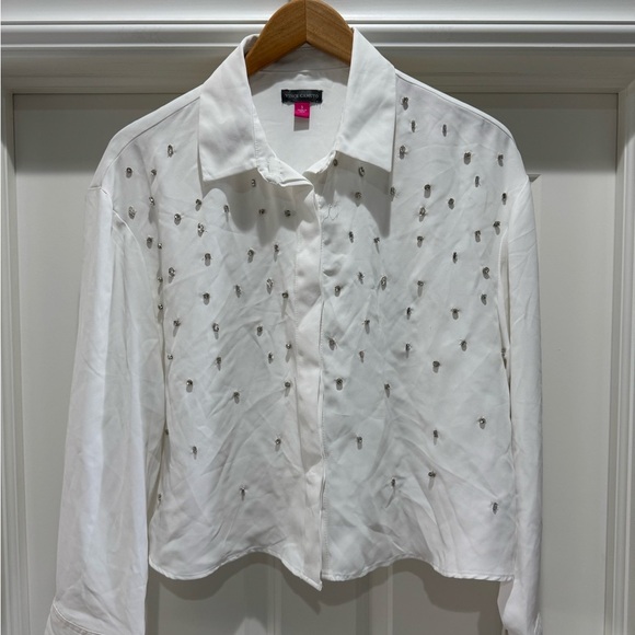 VINCE CAMUTO Crystal Embellished Crepe Button-Up Shirt Sz S White NWT - Picture 5 of 13